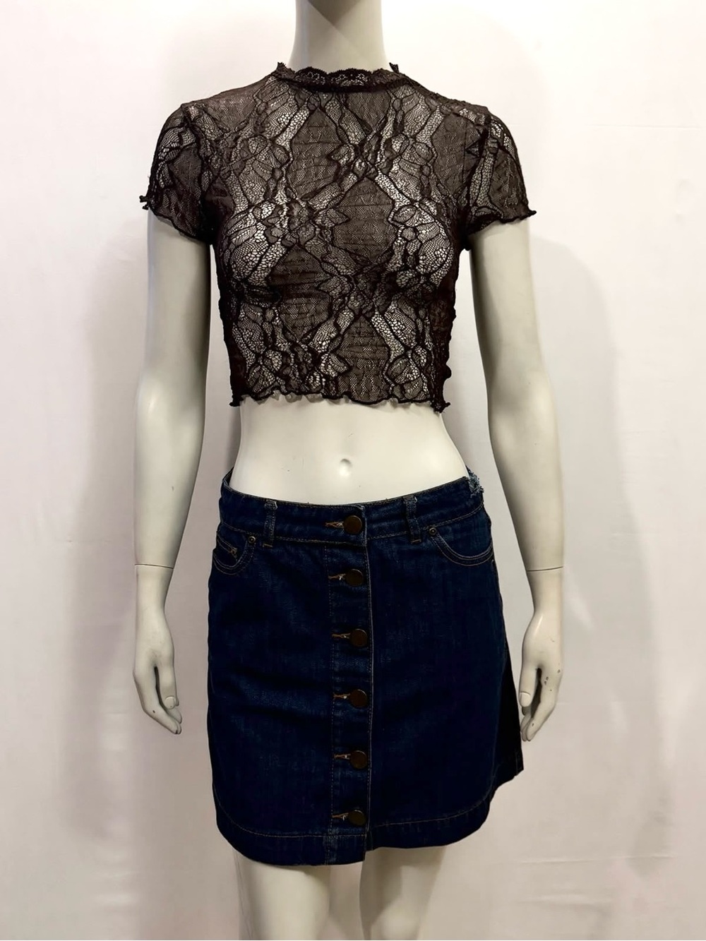 Zara Burgundy Plum Brown Lace Semi Sheer Mock Neck Crop Top Women's S NWOT